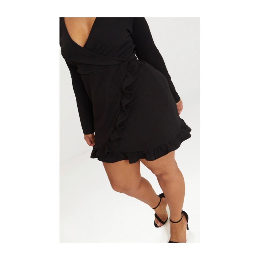 Black Long Sleeve Ruffle Wrap Dress.